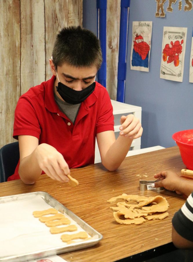 A student works to shape dog treats in the classroom.