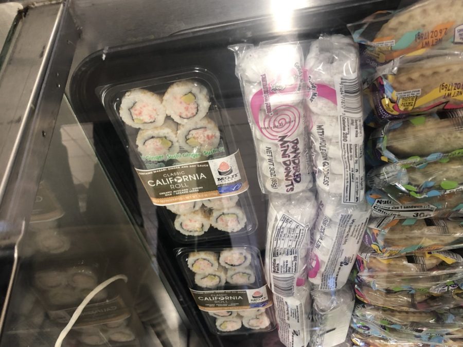 School sushi is not available all days, and is in the refrigerated section.