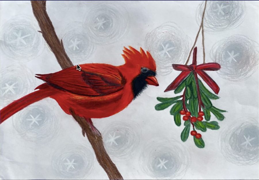 Chloes drawing of a Cardinal and mistletoe was chosen third.
