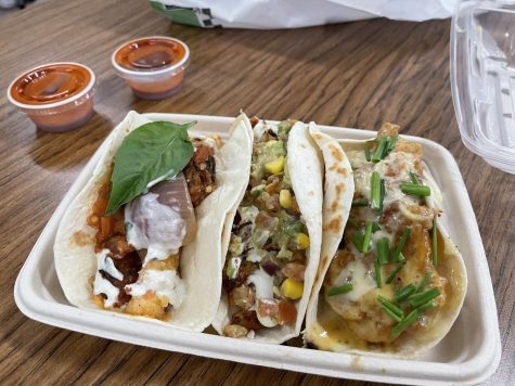 The three sampled tacos - (l to r) Fried Paneer, Mexi-Cali Shrimp and the former WTF (weekly taco feature) - Chicken Cordon Bleu.