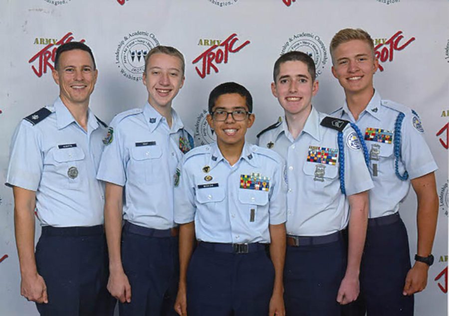 Lt. Col. Chris McMartin and cadets Jonathon Yost, Lucas Mohler, Spencer Snarr and Eli Herman. All The AFJROTC academic team who came 3rd in the nation.