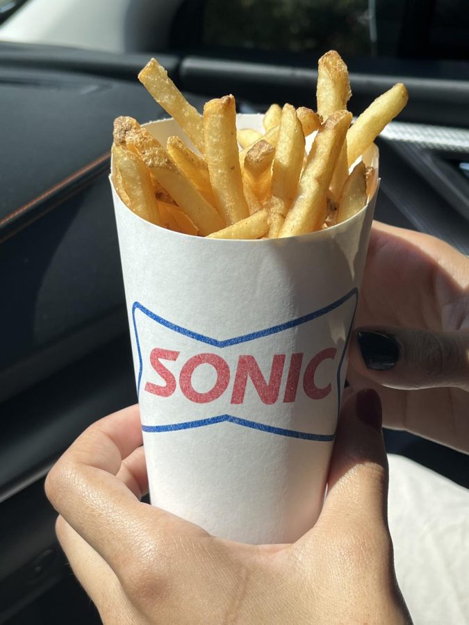 There are 450 calories in a large fry from Sonic.