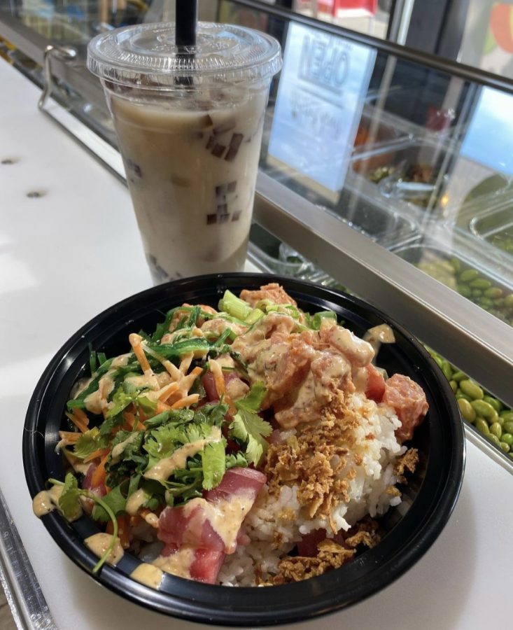 Iced coffee, along with a poke bowl with an Horchata and coffee jelly.