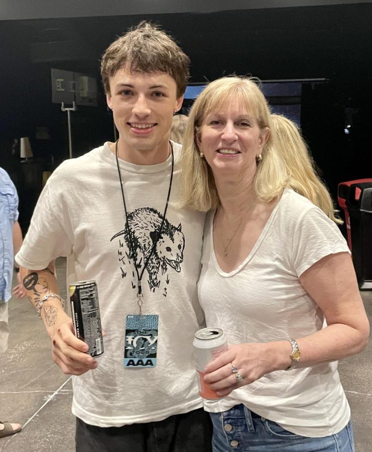 Peter and his former journalism teacher Laura Landsbaum backstage at Toyota Center.  As a student, Peter wrote and performed an original song about Stephen Glass.