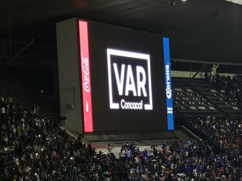 Video assistant referee displayed on the scoreboard at Estadio Azteca, April 2022.

