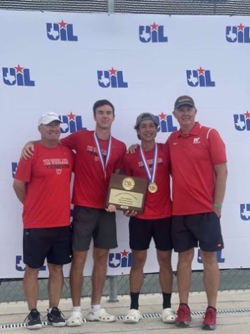 Coach McIlvain,Emilio Lopez, Jose Perez and Coach Kendall at the state meet in San Antonio.