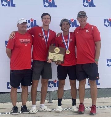 Coach McIlvain,Emilio Lopez, Jose Perez and Coach Kendall at the state meet in San Antonio.