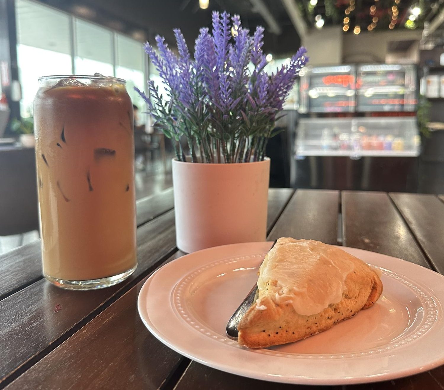 The seasonal Vietnamese Cold Brew ($5) and Lemon Poppy Lavender Scone ($4)!