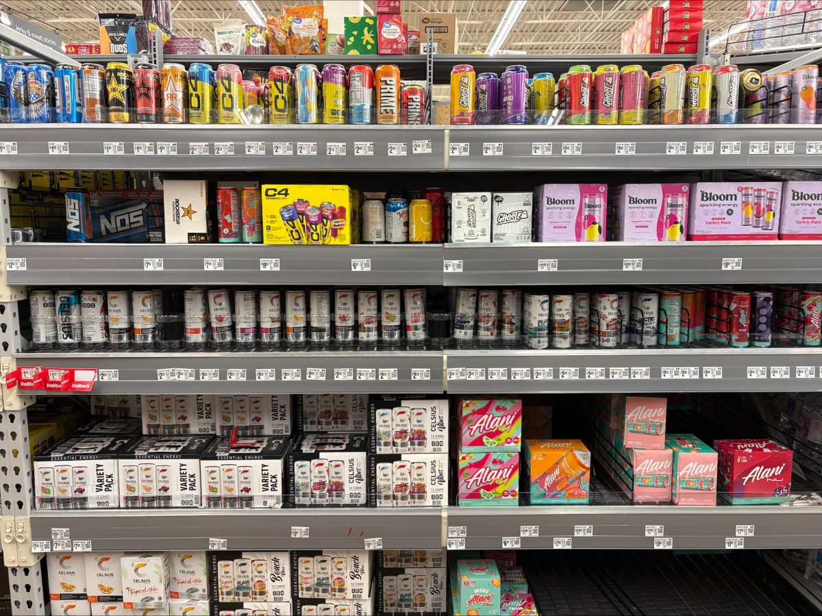 Stock of energy drinks in a grocery store