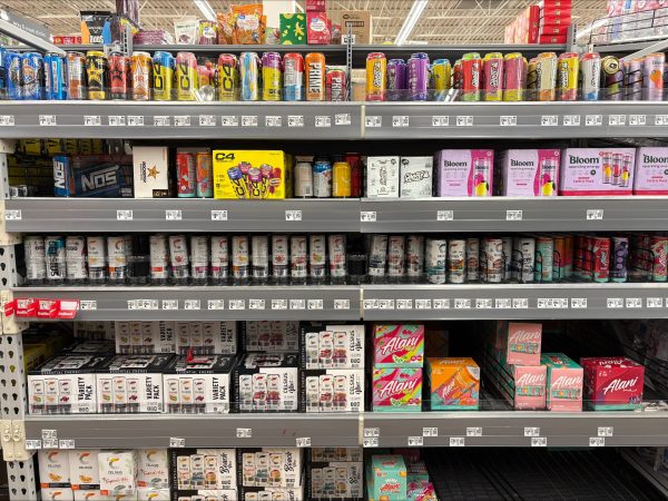 Stock of energy drinks in a grocery store