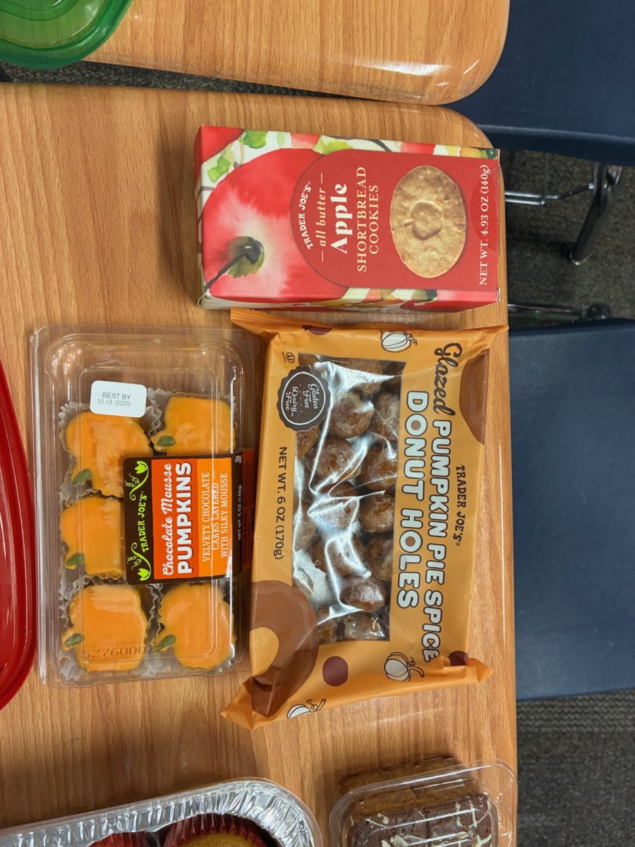 Trader Joe's sweets and treats. Chocolate Mousse Pumpkins, Glazed Pumpkin Pie Spice Donut Holes, and Apple Shortbread Cookies.
