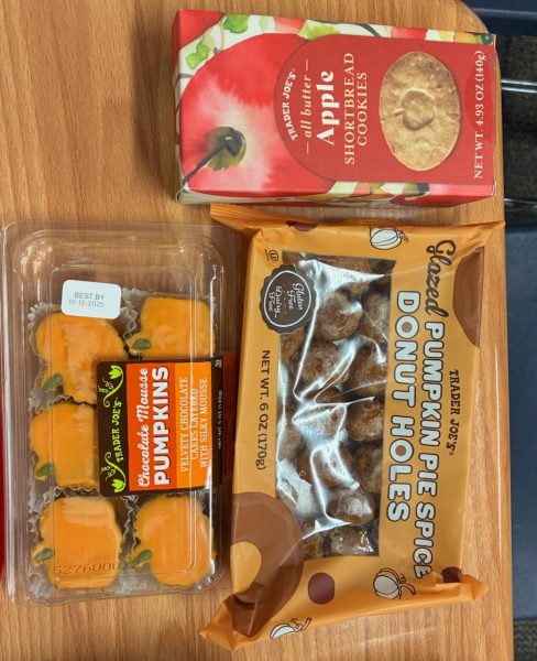 Trader Joe's sweets and treats. Chocolate Mousse Pumpkins, Glazed Pumpkin Pie Spice Donut Holes, and Apple Shortbread Cookies.