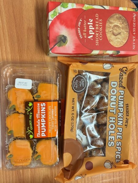 Trader Joe's sweets and treats. Chocolate Mousse Pumpkins, Glazed Pumpkin Pie Spice Donut Holes, and Apple Shortbread Cookies.