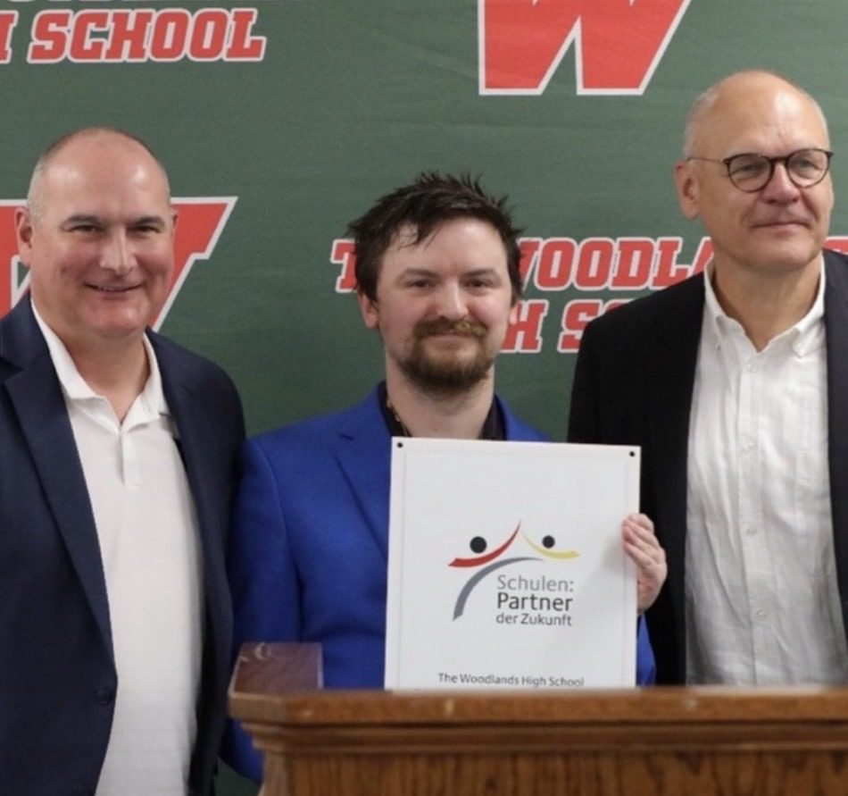 Mr. Muehsler, TWHS Principal, Mr. Wynne, German Teacher, and Johannes Ebert, Secretary General Gorthe-Institut, showcasing the award recognizing The Woodlands as a PASCH school. TWHS is the first in Texas to receive the award, and one out of 15 in the United States.