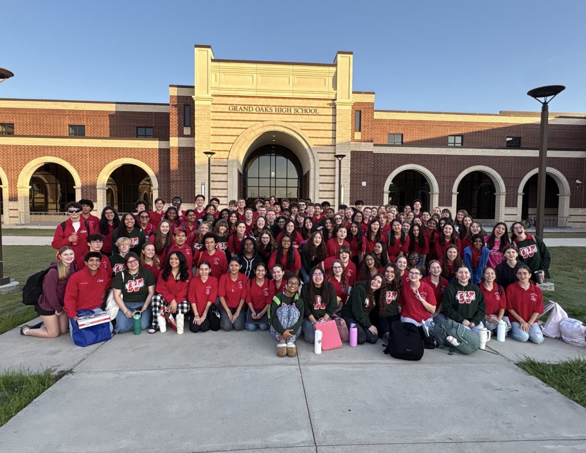 TWHS Choir students posing in front of Grand Oaks High School at district auditions provided by the Choir Department. 