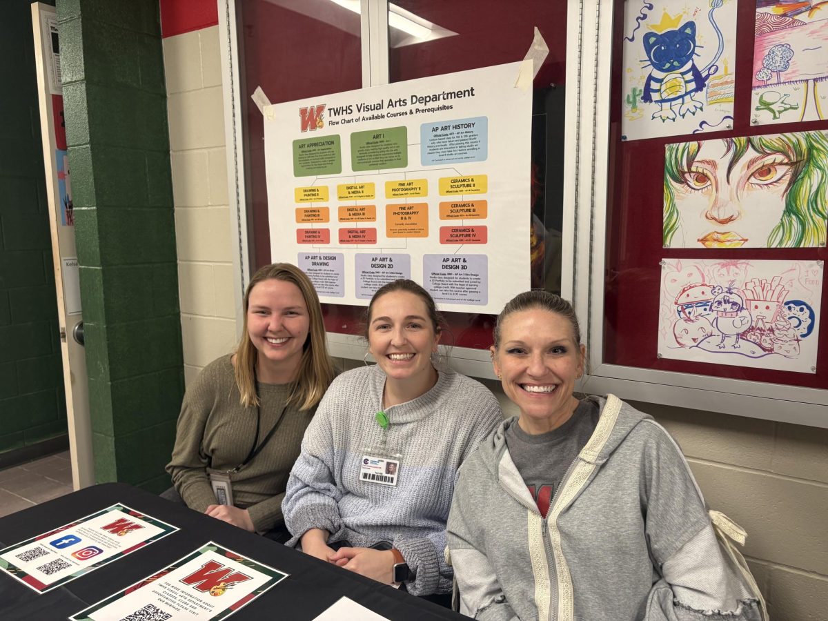 Kelsea Dykehouse, Tori Hill, Shannon Alexander at there poster stand for Photo flim and Art club to incoming students at the Elective Fair on 1-15-2026
(Left to right)