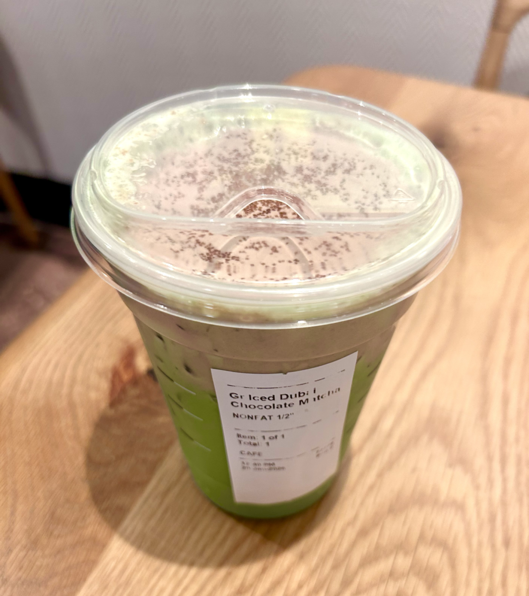 A picture of Lena's order: a Grande-sized Iced Dubai Chocolate Matcha