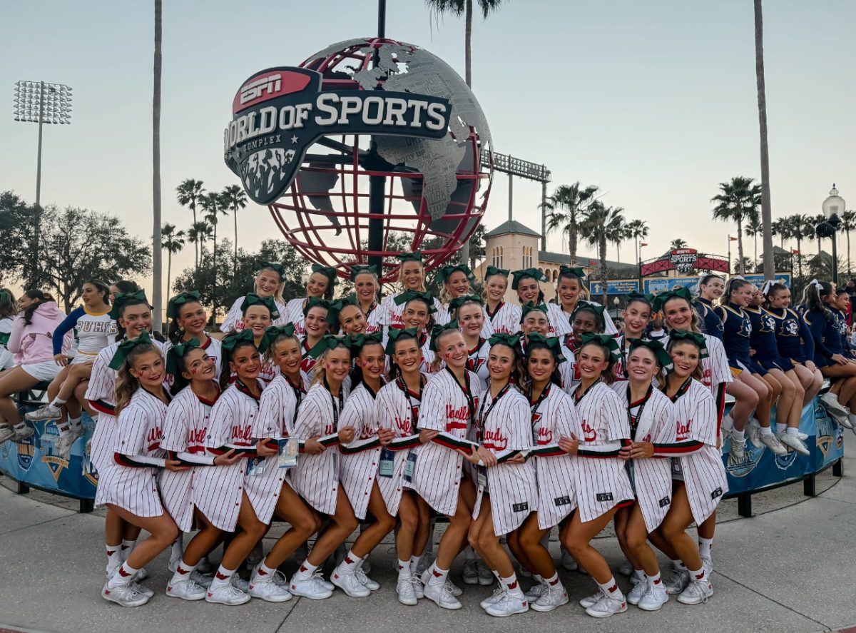 The TWHS UIL cheer team gathers for a group photo outside the ESPN Wide World of Sports Complex, the site of the national championship event in February 2026. Photo by Ashley Harbin, used with permission.