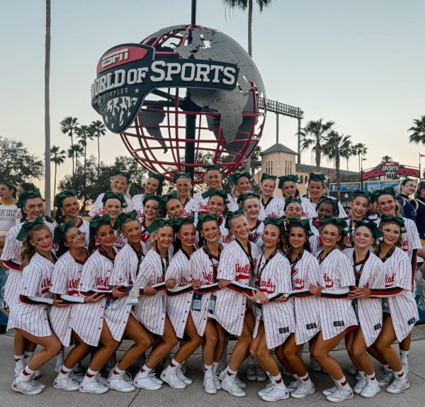 The TWHS UIL cheer team gathers for a group photo outside the ESPN Wide World of Sports Complex, the site of the national championship event in February 2026. Photo by Ashley Harbin, used with permission.