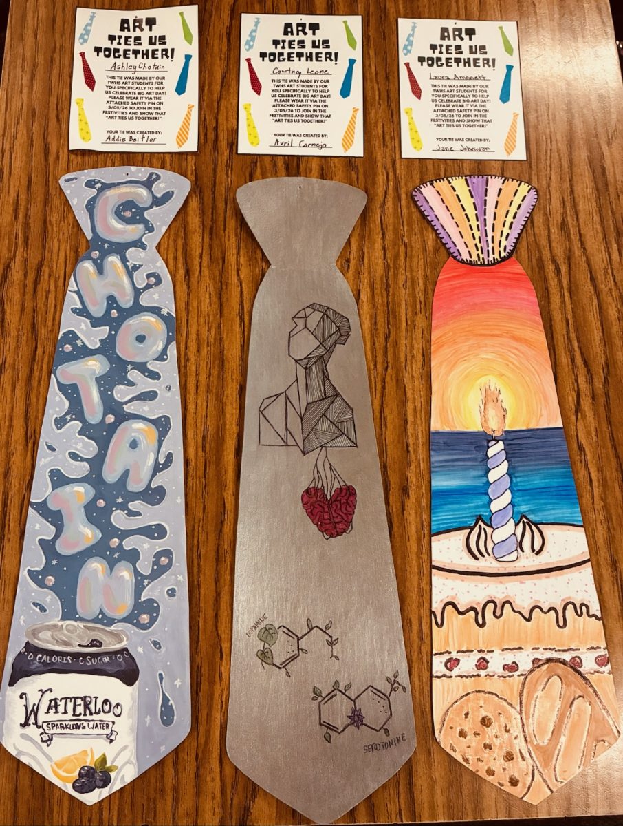 Students created and decorated ties for teachers to wear on March 4.  Left to right the ties are: Mrs. Chotain, Ms. Leone, and  Ms. Amonett 's ties from students Addie Beitler, Avril Cornejo, and Jane Johnivan. 