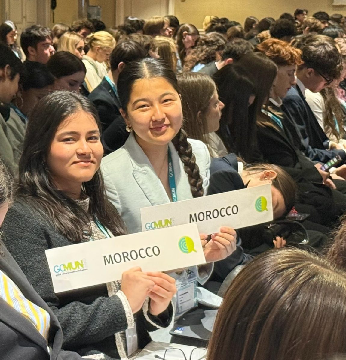 Club members Akshara Tiwari and Malika Muratova at the Global Citizens Model United Nations conference, NYC, March 2026. Photo by Courtney Leone, used with permission.