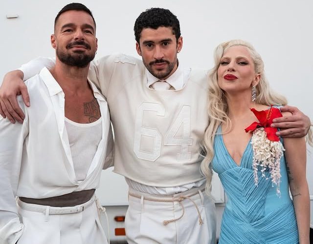 (Left to right) Ricky Martin, Bad Bunny, and Lady Gaga posing together on the day of the Super Bowl LX taken from Lady Gaga's Instagram.