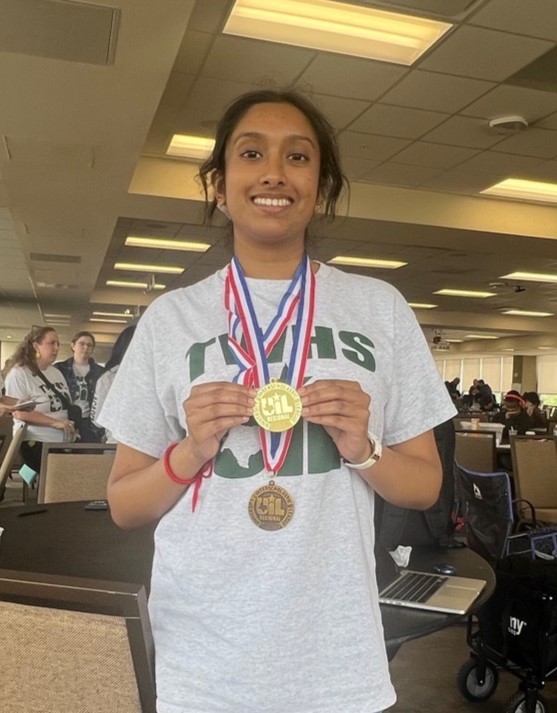 Meena Shanmugam showcases her gold medals after the competition April 28, 2026 at Baylor University Photo taken by Reva Shanmugam, used with permission.